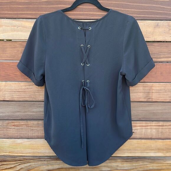 Dark Gray Lace Up Blouse - Picture 2 of 4